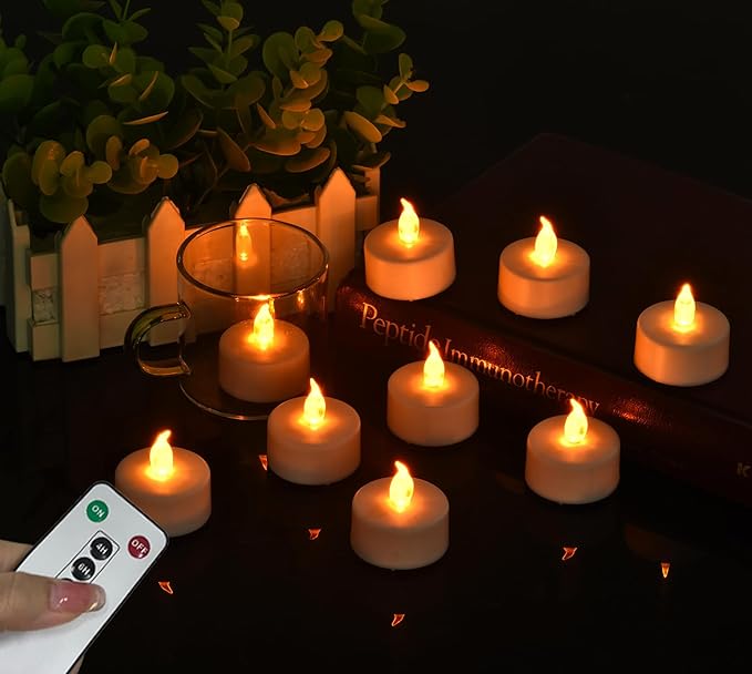 12 Pack Flameless LED Tea Light Candles with Remote Control, Realistic and Bright Flickering Long Lasting 400 Hours, Decorative for Wedding Party Home Decoration Christmas Halloween WarmYellow