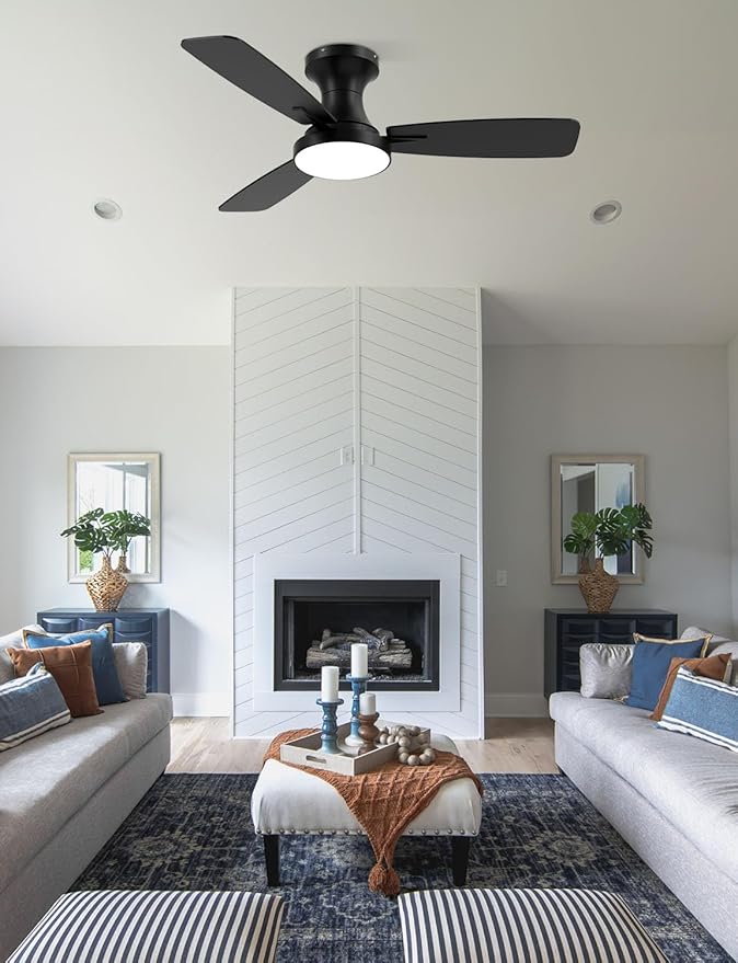 42 inch Smart Ceiling Fan with Light, Low Profile Flush Mount with Remote Control, Ultra-Quiet Reversible DC Motor, 3 Color Temperatures & 6 Speed Dimmable Lighting for Bedroom, Black