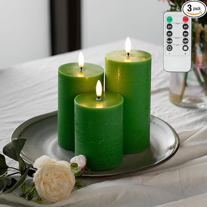 LUSHABOR Green Flameless Candles, Battery Operated Candles for St. Patrick’s Day, Real Wax LED Fake Candles for Spring Decor Party Centerpiece Green Set of 3