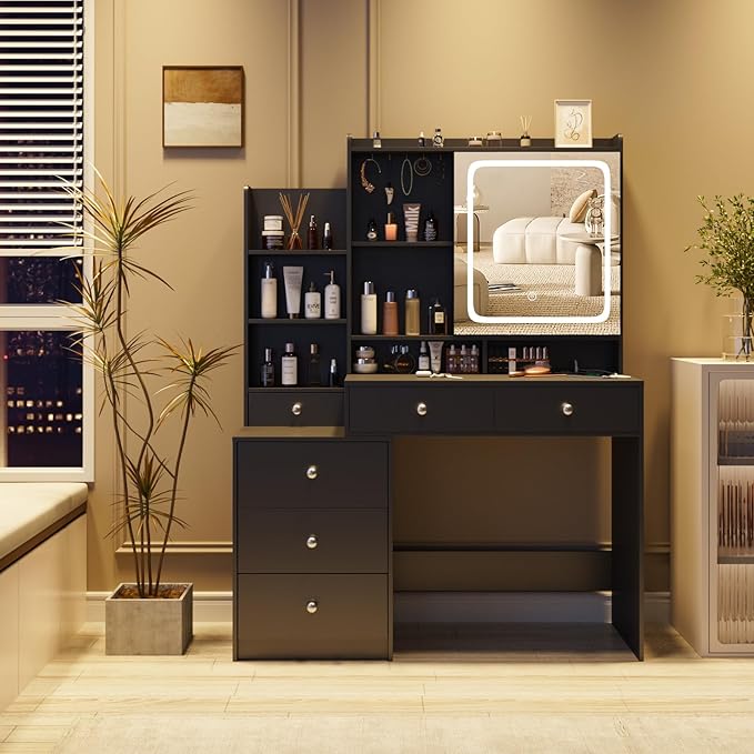 Makeup Vanity with Led Mirror and Power Strip,Vanity Desk with Lots Drawers & Openable Mirror,3 Lighting Colors,Open Storage Shelves,Dressing Table for Bedroom,Black