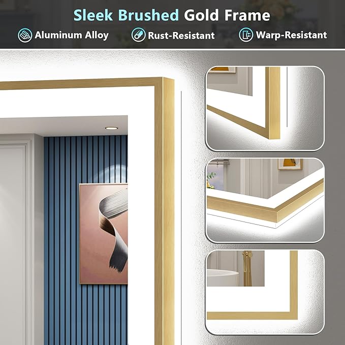 66x36 Gold LED Bathroom Mirror with Lights, Brushed Gold Framed Backlit and Front Lit Anti-Fog Lighted Vanity Mirrors for Bathroom Wall, Dimmable, 3 Colors, Memory, HD Tempered Glass, CRI＞90