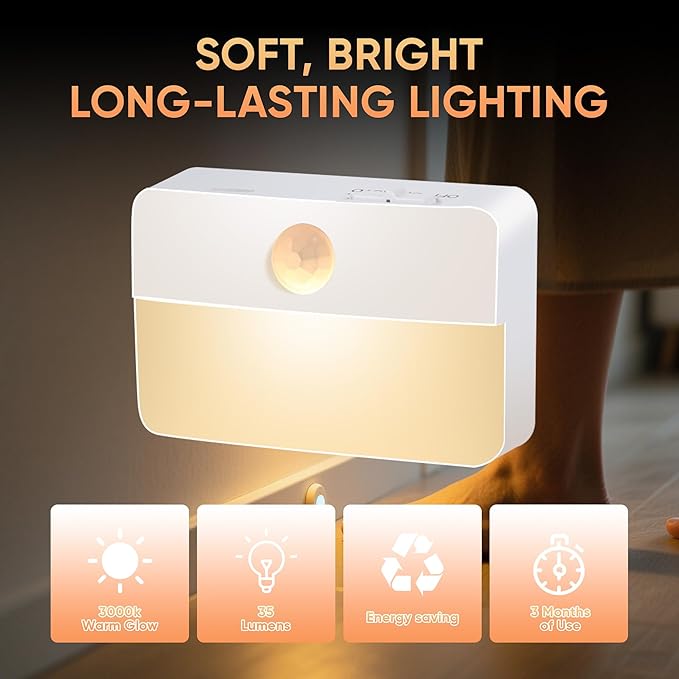 Motion Sensor Night Light for Indoor: 6 Pack Rechargeable Stair Lights LED 35 Lumen 3000k Step Lights with Magnetic Suck - Motion Sensor Lamp for Cabinet Closet Hallway Bedroom Stairs (Rechargeable)
