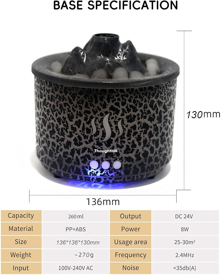 3in1 260ml Night Light, Essential Oil Diffuser for Bedroom, Office, Gym, Hotel Collection Diffuser, 3 Light Modes, 2/8H, Atomization Flame & Black Volcano Modes Oil Diffuser for Home