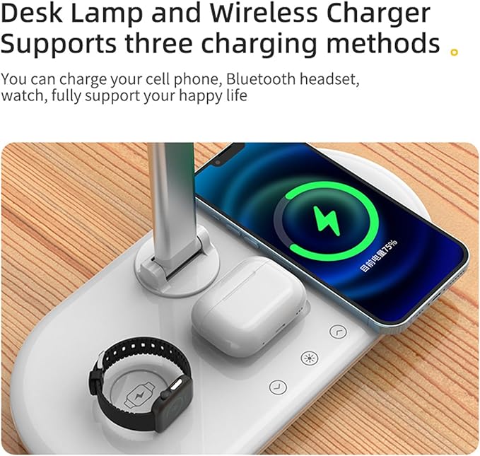 3-in-1 Wireless Charging Desk Lamp,15W Qi Fast Charger for Phone/Watch/Earbuds,Adjustable LED Light with 3 Colors & Stepless Dimming,Flexible Gooseneck,Touch Panel,HYT2096 White.