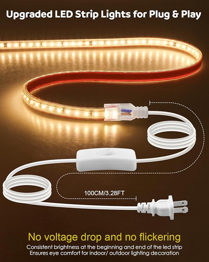 Aclorol Led Strip Lights Outdoor Waterproof 16.4FT Warm White 3000K AC 110V-130V Connectable LED Rope Light Strip Plug in for Bedroom Outside Garden Patio Indoor Outdoor Backyards Decor 120LEDs/M 5M