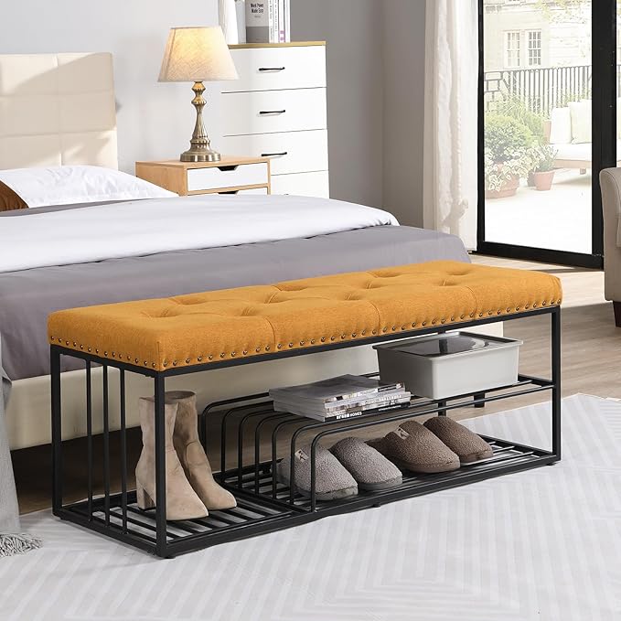 End of Bed Bench-Upholstered Entry Shoe Storage with Nailhead Trim,Black Mental Frame Ottoman Bench for Bedroom Entry Window Mudroom Living Room,Yellow