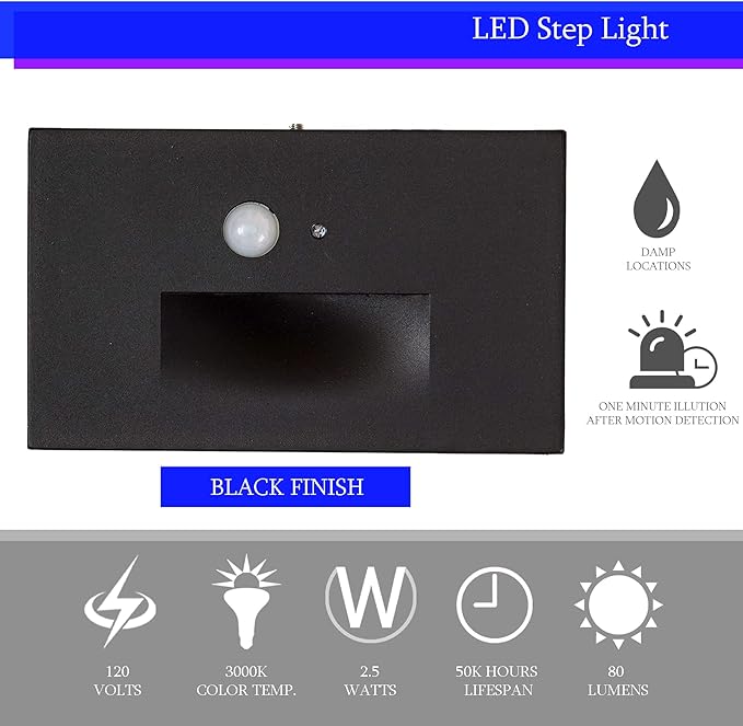 Ciata Modern Non-Dimmable LED Step Light with Motion Sensor, 120V AC, 80 Lumens, Black, Indoor/Outdoor, Aluminum