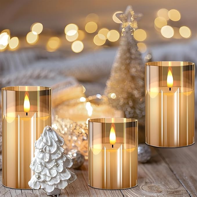 Glass Flameless Candles with Remote and Timer, Battery Operated Candles, LED Pillar Candles, Electric Fake Candles, Real Wax Set of 3, Christmas Home Wedding Birthday Decor(Gold)