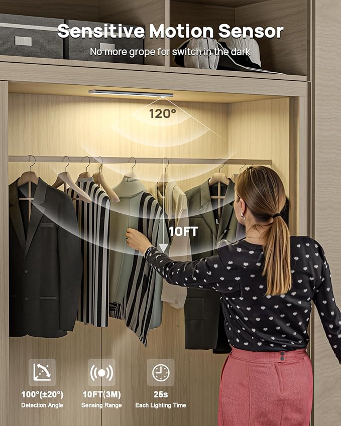 Under Cabinet Lighting Wireless, 12'' Rechargeable Motion Sensor Light Indoor, 3 Color Temps & Dimmable Closet Lightis with Remote, Magnetic Under Counter Lights for Kitchen, Pantry, Stairs, 7 Pack
