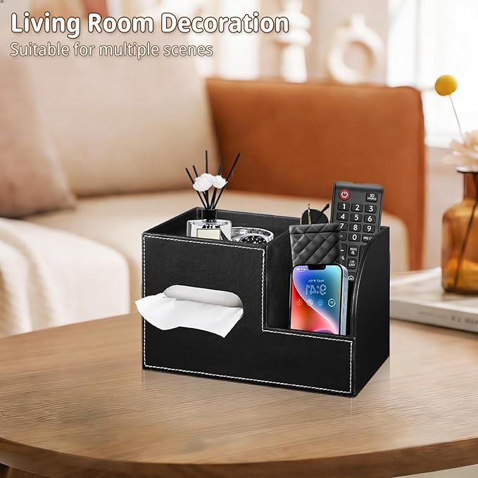 Leather Square Tissue Box Cover with Storage Tray,Cube Tissue Box Holder,Modern Facial Paper Organizer with Remote Control Holder for Bathroom,Vanity Countertop,End Table NightStand Home Office.Black