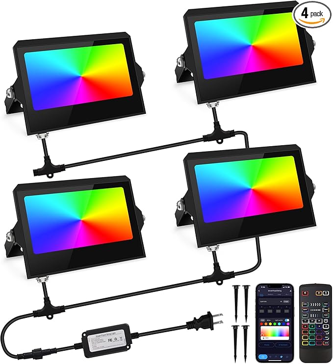 YAYZA! LED Flood Lights Outdoor 36W, 300W Equivalent 3000 LM RGB Color Changing Led Stage Landscape Lighting Bluetooth Smart Floodlights with APP Control 3000K Bright White Light, Timing&IP66 (4Pack)