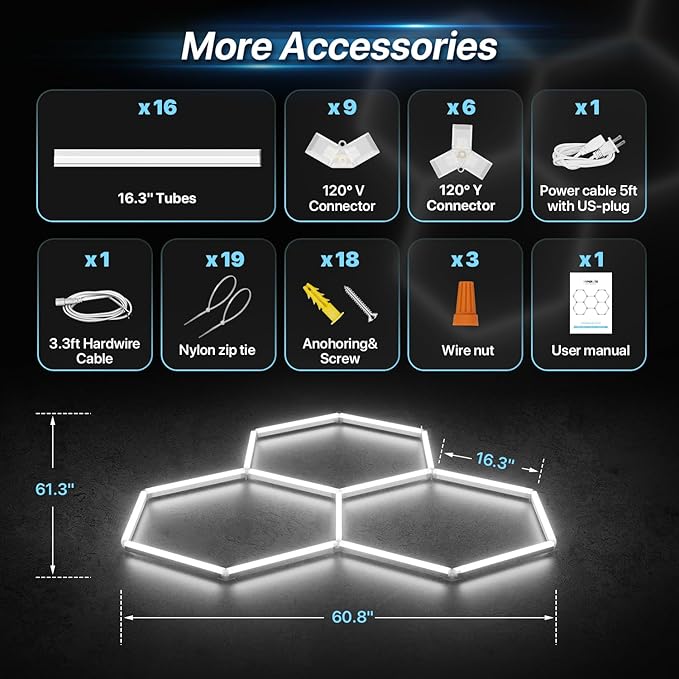 HYPERLITE Gen 2 Hexagon LED Lights: 105W 10500LM 3 Grids DIY Hexagon Led Lights, 6500K Ultra Bright, Easy Install, Durable Design for Garage, Car Detailing, Workshops, Basement, Gym