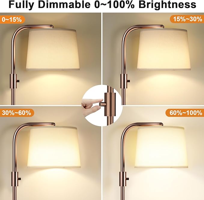 Ambimall 𝐅𝐮𝐥𝐥𝐲 𝐃𝐢𝐦𝐦𝐚𝐛𝐥𝐞 Floor Lamp - Floor Lamps with 9W 𝐋𝐄𝐃 Bulb, Standing Lamps for Living Room with Adjust Head, Modern Standing Tall Light Rotary Switch for Office(Brown and White)