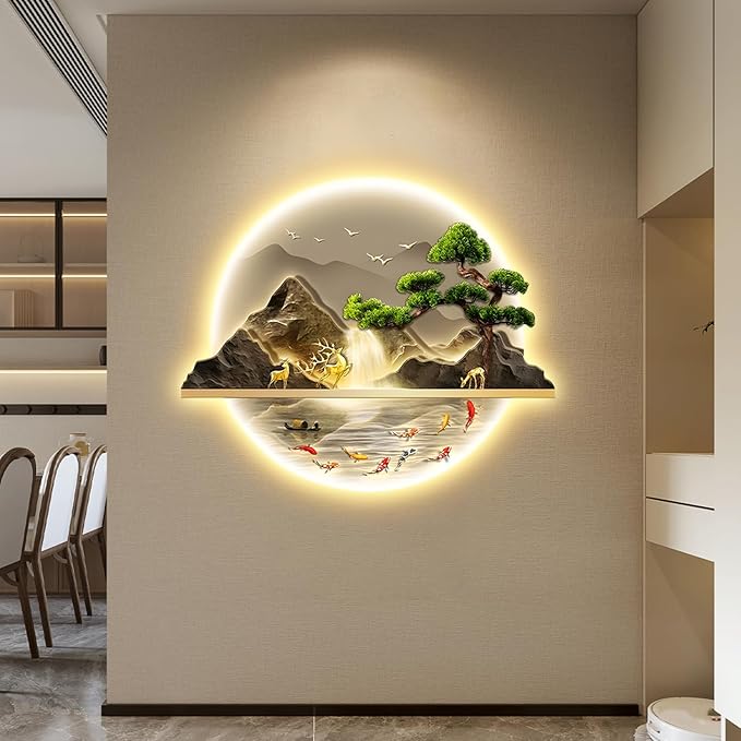 Zen LED Wall Art, Fish Wall Painting Decor with Led Light, Welcoming Pine Wall Decor Art, 3D Landscape Wall Sculpture Decoration, for Living Room Bedroom Office Entrance (B, 60×72cm)