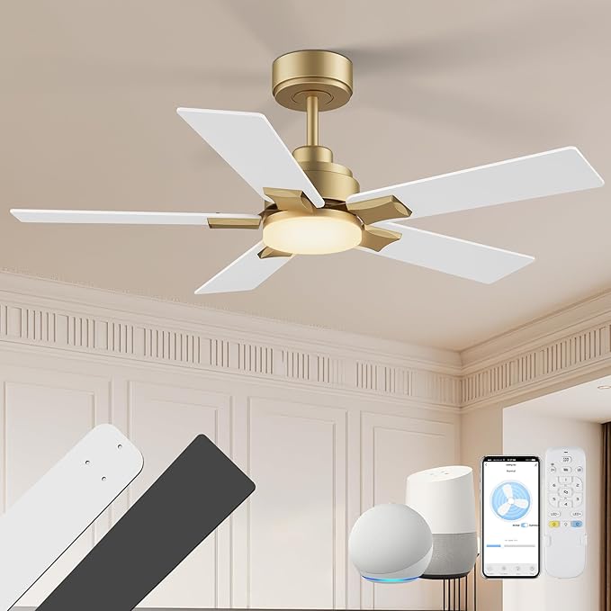 42 Inch Ceiling Fans with Lights,Smart Ceiling Fan with Light and Remote Control Alexa,APP,Modern Indoor Outdoor Ceiling Fans for Bedroom,Patio,Porch,in Black White and Gold,5 Blades,Dimmable,Quiet
