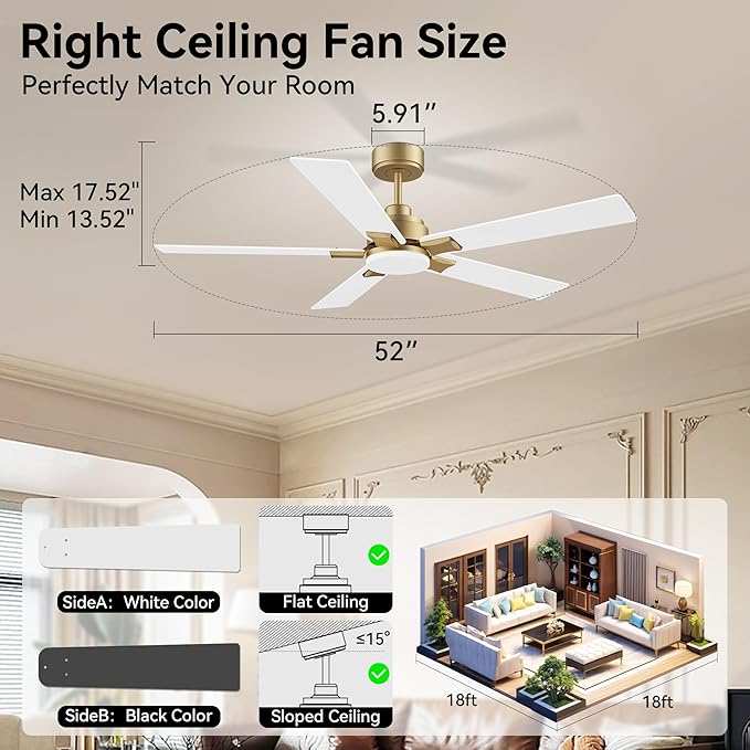 52 Inch Ceiling Fans with Lights,Smart Ceiling Fan with Light and Remote Control Alexa,APP,Modern Indoor Outdoor Ceiling Fans for Bedroom,Patio,Porch,in Black White and Gold,5 Blades,Dimmable,Quiet