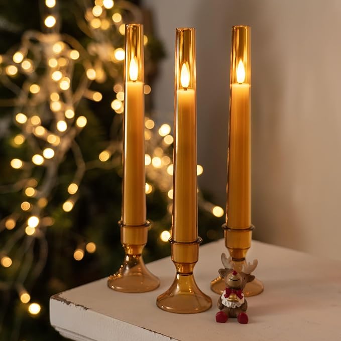 Homemory 6 Pcs Flameless Taper LED Candles with Remote and Timer, 3D Wick Flickering, Window Candles with 2 Light Modes, Battery Operated for Xmas Wedding Decor, 9.6 Inch, Gold