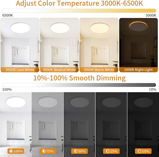 Flush Mount Ceiling Light with Night Light, 11in LED Ceiling Lights with Remote Control, 1800K Nightlights & 3000-6500K Dimmable Lamp Fixture, 24W 2400LM Low Profile for Bedroom, White
