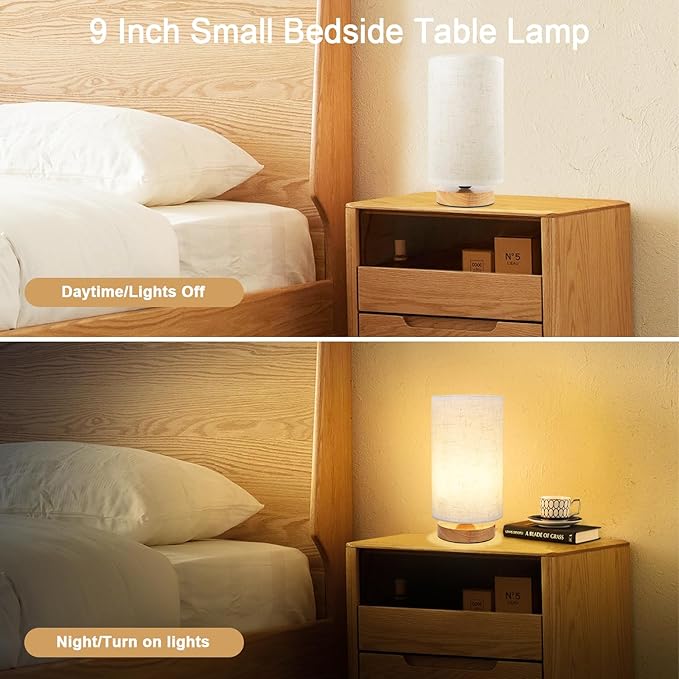 Small Bedside Table Lamp for Bedroom set of 2,Minimalist Wood Base & Round Fabric Shade,Mini Cute Cozy Warm Nightstand Boho Lamp set, Study Desk Night Stand Light for Room, Dorm,Nursery,Living Room