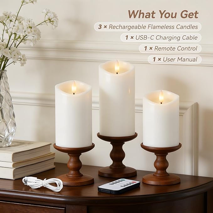 Rechargeable Flickering Flameless Candles Melted Edge Battery Operated with Remote and Timer, Real Wax LED USB Type-C Pillar Candles, Set of 3 (3" x 4",5",6"), White,Spring Home Decor
