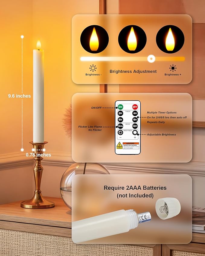 Homemory 24 Pcs Waxy Flameless Taper Candles with Remote, Flickering Battery Operated Taper Candle, Led Flameless Candlesticks Classic Tall Candles for Home, Wedding, Party, White, 9.6 inches
