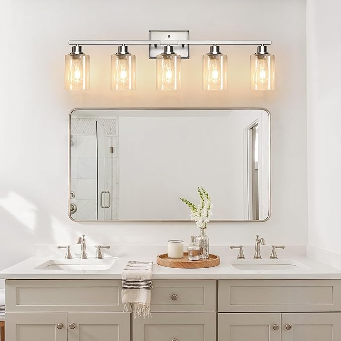 Ascher Bathroom Light Fixtures, 5-Light Vanity Lights with Clear Glass Shade, Modern Brushed Nickel Wall Light for Mirror Bedroom Hallway Cabinet Porch