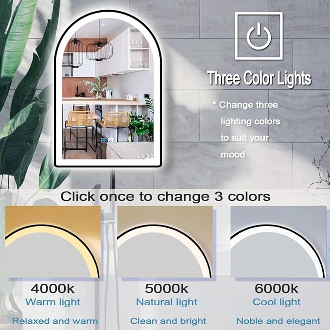 24 x 36 Inch Black Arch LED Vanity Mirror with Lights, Black Frame, 3 Color Anti Fog, 36" Bathroom Arch Smart Light Up Mirror