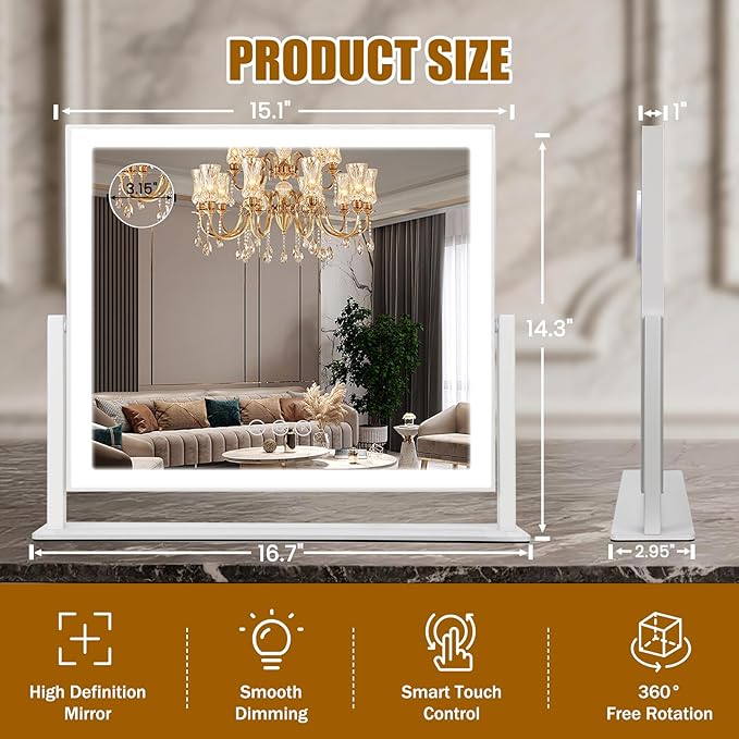 Vanity Mirror with Lights 16.7"x14", LED Makeup Mirror, 3 Color Lighting Modes, 10X Magnification, Smart Touch Control, Dimmable, Aluminum Metal Frame, Lighted Up for Vanity Desk (White)