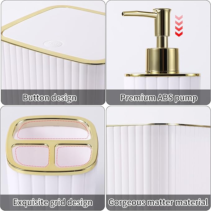 XLHOMO Bathroom Accessories Set - Gorgeous Bathroom Set, 28PC White Bathroom Accessory Set, Shower Curtain with 5PC Adhesive Corner Shower Caddy Hanging, Toilet Brush, Trash Can & Soap Dispenser