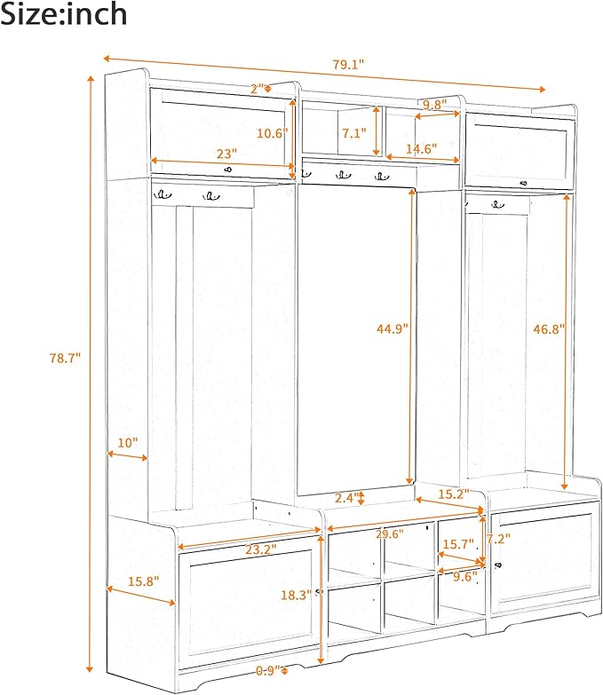 79.1''Wide Modern Hall Tree with Shoe Storage and 7 Coat Hooks, 4-in-1 Entryway Bench with 8 Cubbies and Adjustable Shelf for Hallway, Living Room (Black/78)