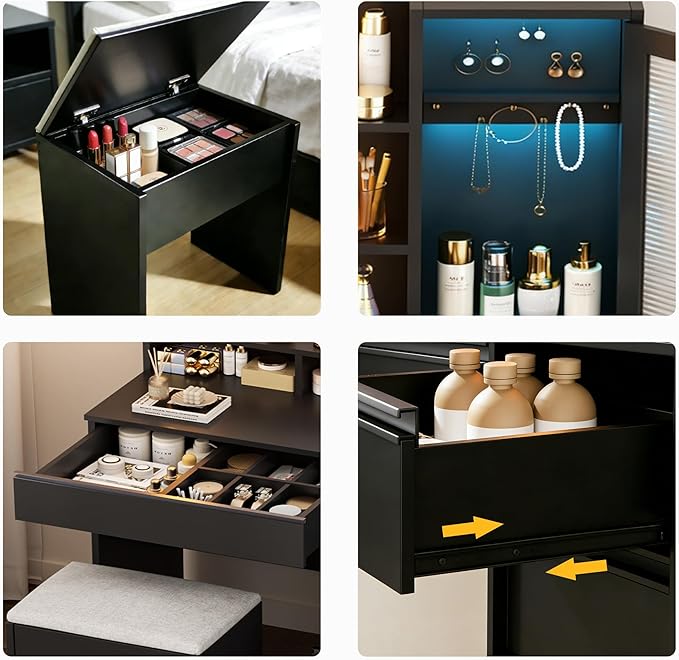 Vanity Desk with LED Lights Mirror, 35.43" Modern Makeup Table with 6 Storage Drawers & Stool for Ladies and Girls, RGB Light Makeup Desk with Power Outlet for Bedroom Dressing Room, Black