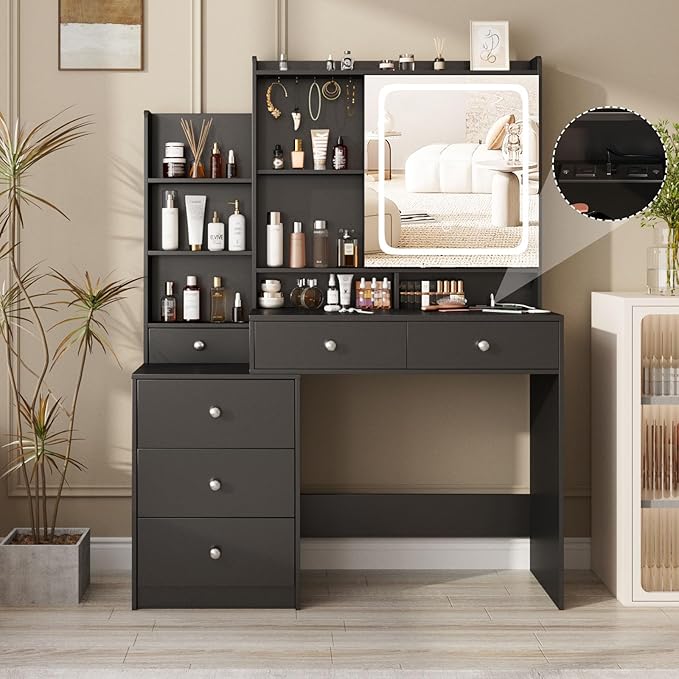 Makeup Vanity with Led Mirror and Power Strip,Vanity Desk with Lots Drawers & Openable Mirror,3 Lighting Colors,Open Storage Shelves,Dressing Table for Bedroom,Black
