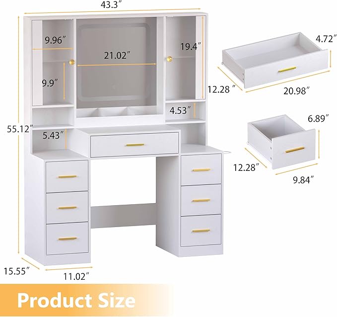 White Makeup Vanity Desk with Mirror & Lights, Modern Vanity Table with Charging Station, 7 Drawers, Glass Cabinet, Adjustable Shelves, Bedroom Dressing Table Set for Women & Girls