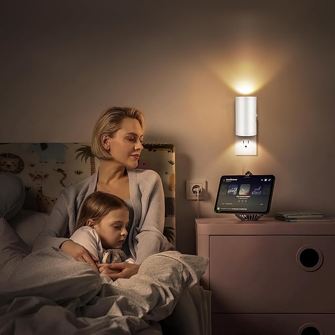 4 Pack LED Plug-in Wall Night Light with Dimmable 0-300 Lumens, 2700K Warm White, Auto On/Off Light Sensor & Adjustable Head for Hallway, Stairs, Bedroom