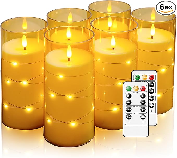 Amber Flickering Flameless Candles with Remote Timer, 6 pcs LED Battery Operated Candles with String Lights, Same Size D3 H6