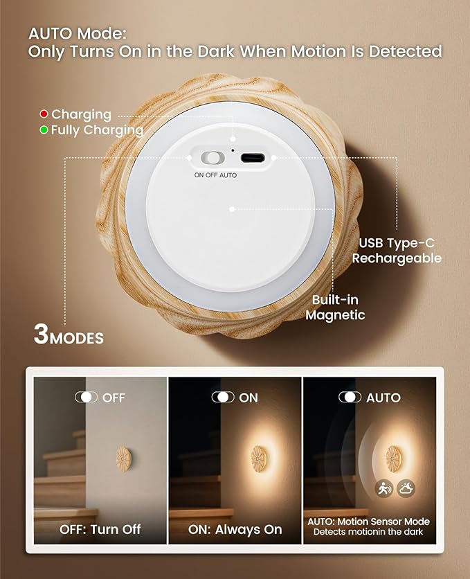 Night Light Wooden Carved Flower Mini USB Rechargeable Motion Sensor Nightlights Magnetic Wall Light for Hallway, Bedroom, Living Room, Stair, Ash Wood