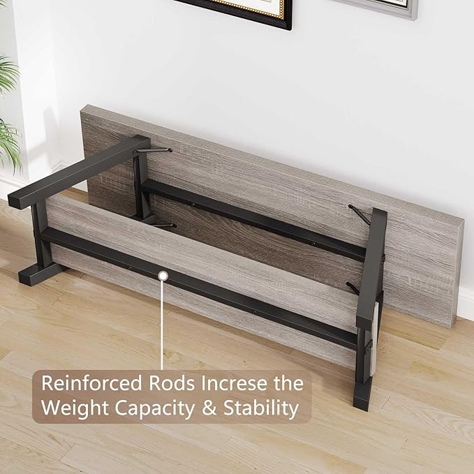 LVB Industrial Entryway Bench, Wood and Metal Storage Bench, Indoor Farmhouse Hallway Accent Entry Bench for Seating Sitting, Shoe Rack Organizer Cabinet in Foyer Bedroom, Light Grey Oak, 47 Inch Long