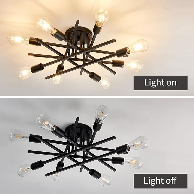 ASGYISA 8-Lights Semi Flush Mount Ceiling Light Fixture，Modern Black Vintage Metal Sputnik Chandelier， Ceiling Lamp for Bedroom Kitchen Dining Room Living Room with E26 Bulb Base