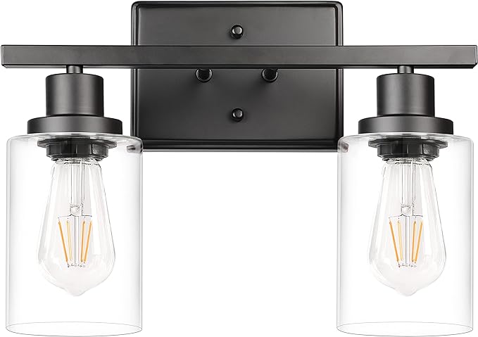 Ascher 2-Light Wall Sconces, Modern Vanity Light Fixture Black Finish, Wall Light with Clear Glass Shade for Mirror Hallway Bedroom, E26 Base (Bulbs Not Included)