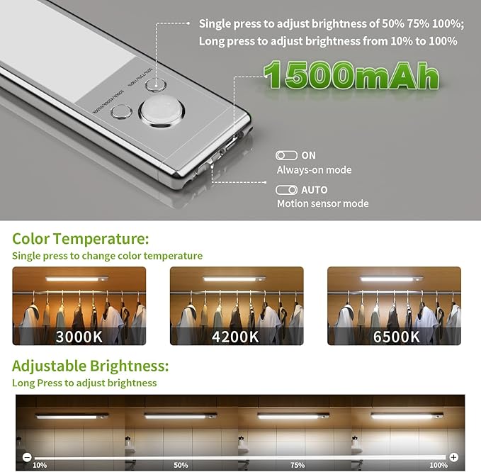 Under Cabinet Lighting, 2 Pack Motion Sensor Light Indoor, 88 LED USB Rechargeable Battery Operated, 3 Levels Dimmable Magnetic Closet Lights, Wireless Under Counter Lights for Kitchen Stairs Hallway