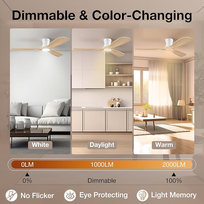 Smart 52” Wood Flush Mount Ceiling Fans with Lights and Remote,Quiet DC Motor,Outdoor Indoor Ultra Low Profile Ceiling Fan works with Alexa WIFI APP,Modern White Ceiling Fan for Bedroom Patio