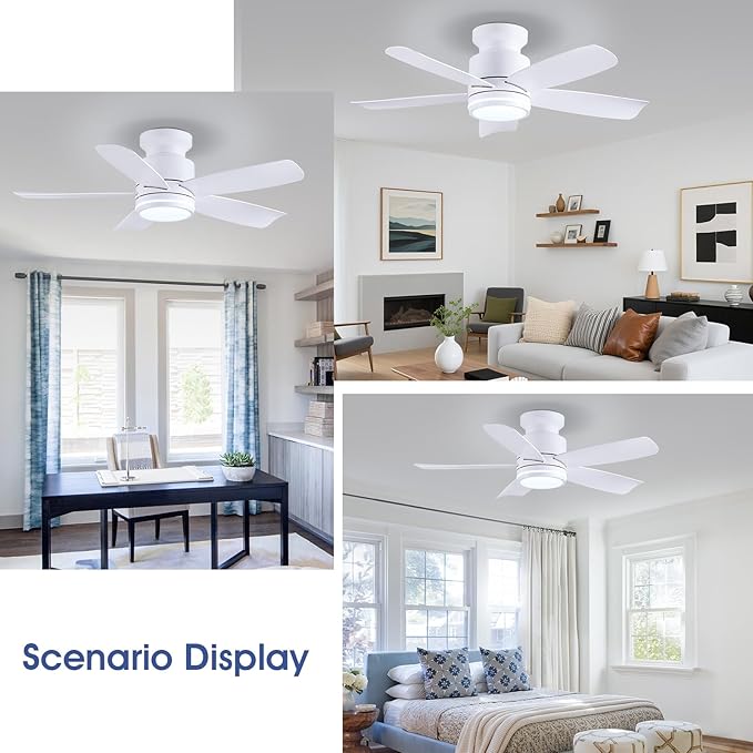 Ceiling Fans with Lights and Remote Control, 41 inch Low Profile Flush Mount Ceiling Fan, 3 CCT LED Dimmable Lights 5 Reversible Plastic Blades 6 Speeds for Bedroom Living Room, White