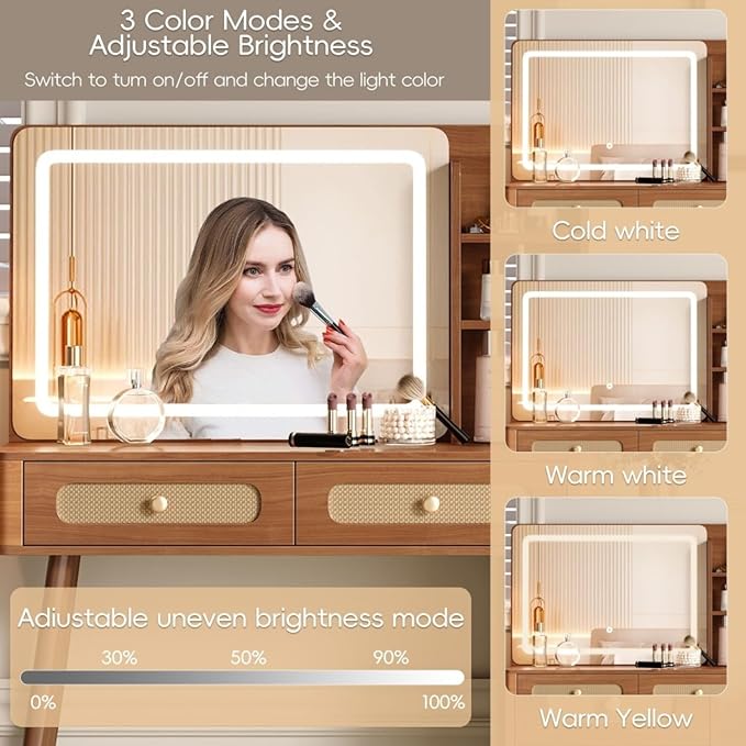 Vanity Desk with Mirror and Lights,Makeup Vanity with 2 USB Power Strip,3 Lighting Modes Adjustable Brightness, Foldable Three-Sided Mirror (ALIQWERY-008)