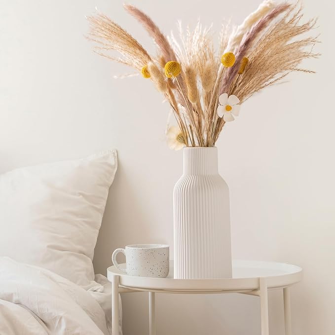 White Ceramic Vases Set of 3 - Modern Matte Ribbed Vases for Pampas Grass & Dried Flowers - Minimalist Decorative Centerpieces for Living Room, Shelf, Entryway & Wedding