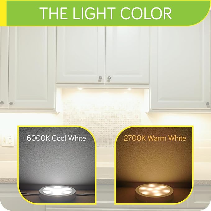 Under or Over Counter LED Lighting Kit, 120 Volt Electric Wired Kitchen Cabinet Round Puck Lights, Wireless Remote Control Dimmable, 3 Ways Octopus Wired, 3 Lights, Warm White
