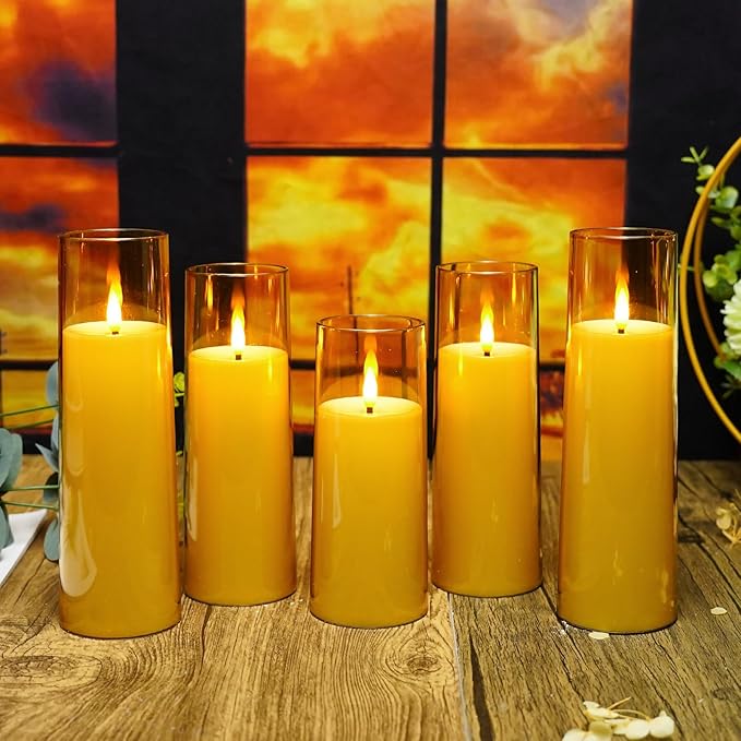 Flickering Flameless Candles Battery Operated with Remote and 2/4/6/8 H Timer Acrylic Led Pillar Candles Pack of 9 (appr D2.3"xH5.5"6.5"7.5")with Realistic 3D Wick Candles for Home Decor(Gold)