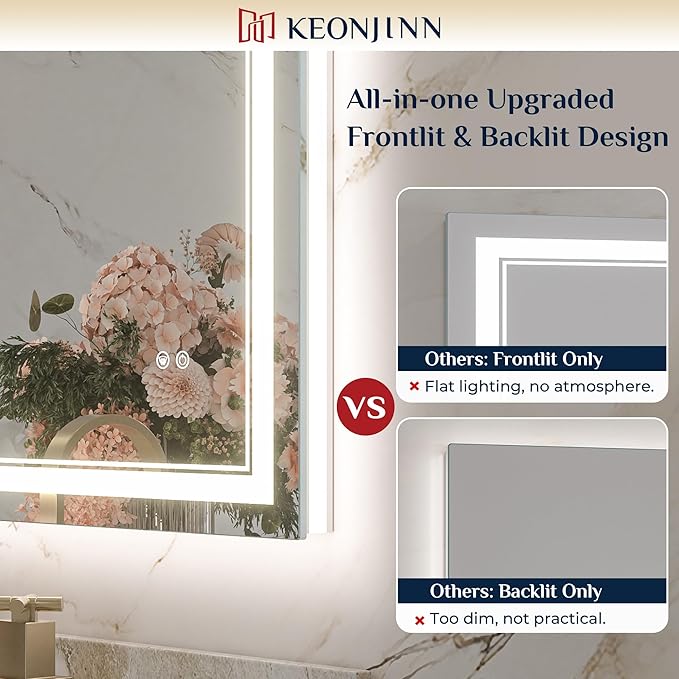 Keonjinn LED Mirror 24 x 32 Inch, Lighted Bathroom Vanity Mirror for Wall, Fronlit Only, HD Tempered Glass, UL-Listed LED Driver, Anti-Fog, Dimmale 6000K, Easy Installation(Horizontal/Vertical)