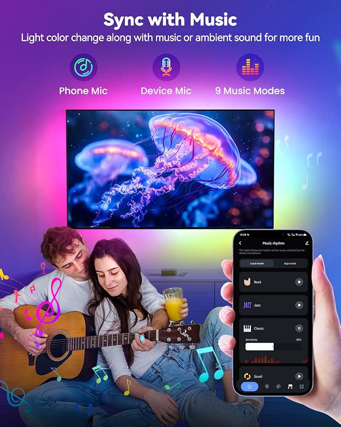 Pak RGB+IC LED Strip Lights for Bedroom & TV, 16.4ft Smart Lights with Remote APP Control, DIY 16 Million Colors, Music Sync Color Changing LED Lighting, 44 Scene Modes, Work with Alexa & Google