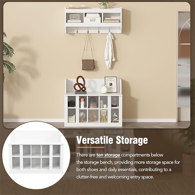 Hall Tree Entryway Coat Rack Shoe Storage Bench with Shelves and 4 Hooks, Modern Elegant Hall Tree with Wall Mounted Coat Rack, Entryway Organizer for Entryways, Mudroom (White)