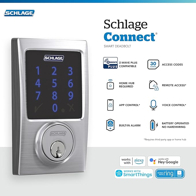 Schlage Connect Smart Deadbolt Lock with Touchscreen Keypad, Keyless Front Door Entry, Z-Wave Plus Compatible, Satin Chrome, BE469ZP CEN 626